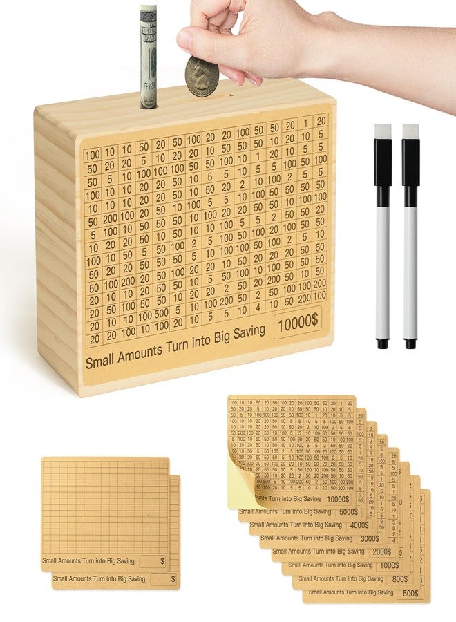 Bemaystar Money-Saving-Box: Natural Wood Savings Box, Large Savings Challenge Box with 8 Pre-Printed Targets and 2 Blank Targets $500 to $10000, Piggy-Bank for Kids Adults - Image 1